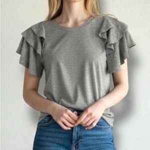 English Factory | Ruffled‎ Shoulder Mixed Media Gray Tee Size Small